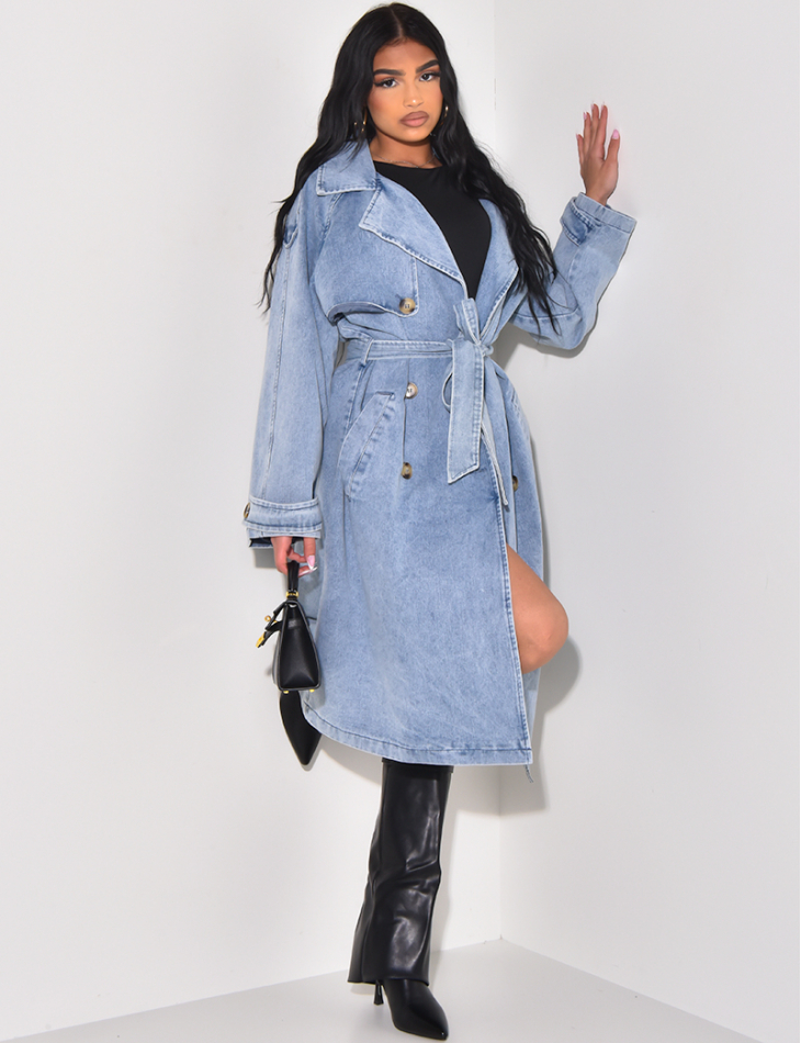 Oversized washed denim trench coat with waist belt