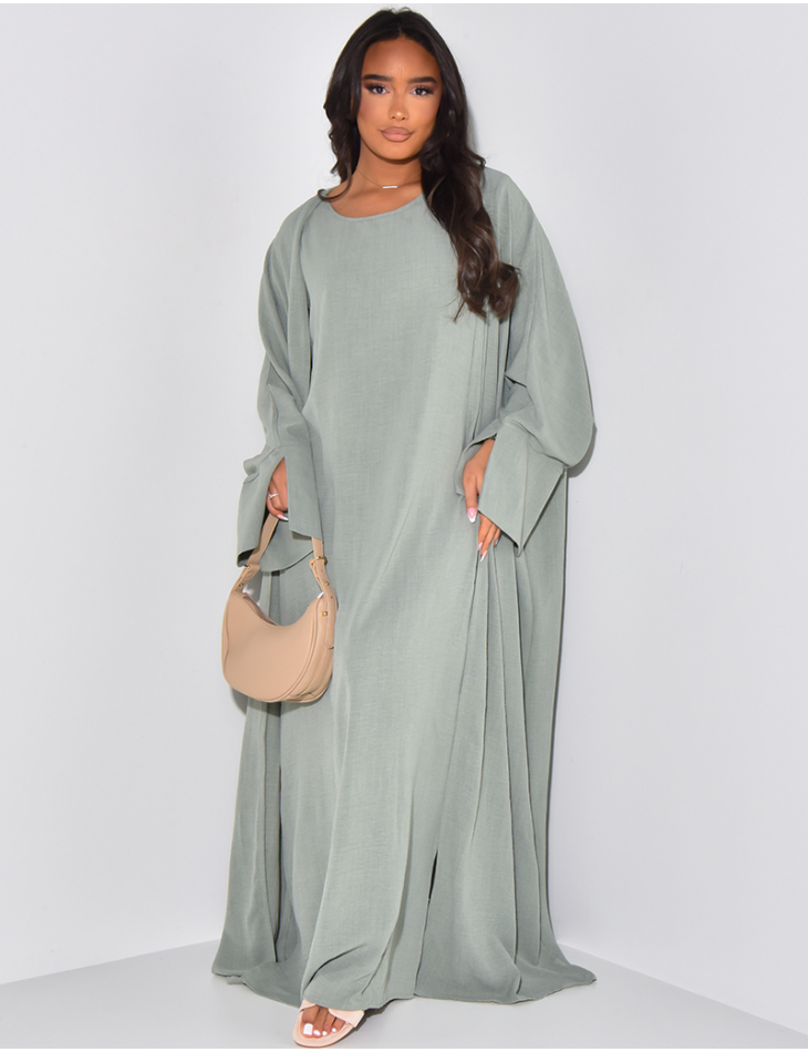 Sleeveless dress and linen-effect kimono set