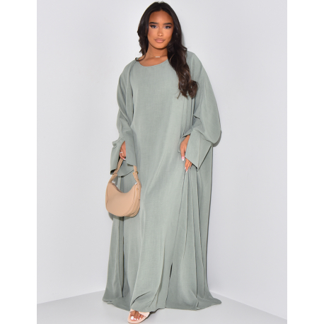 Sleeveless dress and linen-effect kimono set