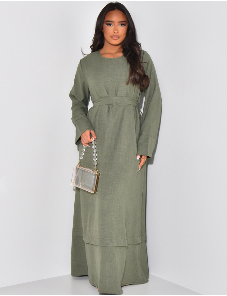 Linen-effect long dress to tie at the waist