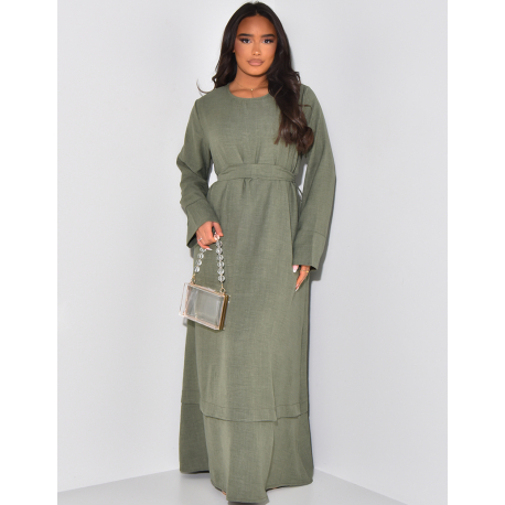 Linen-effect long dress to tie at the waist