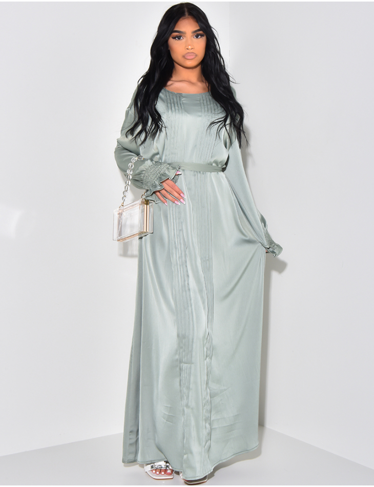 Satin abaya with pleated effect and tie fastening