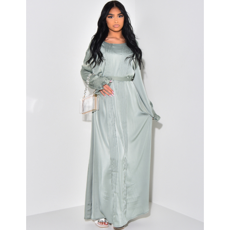 Satin abaya with pleated effect and tie fastening