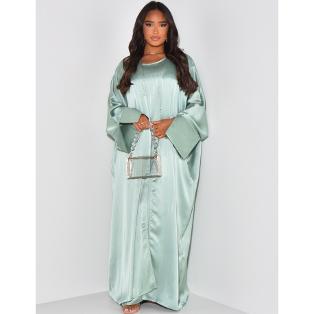 Ensemble en satin robe sans manche et kimono à liseré doré