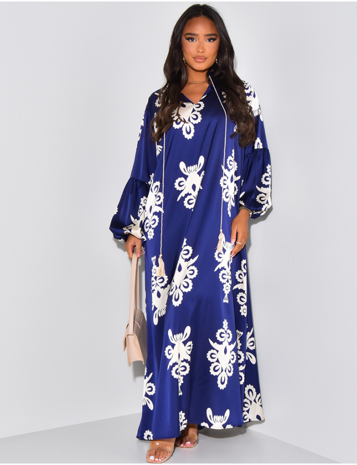   Patterned satin abaya with tassels