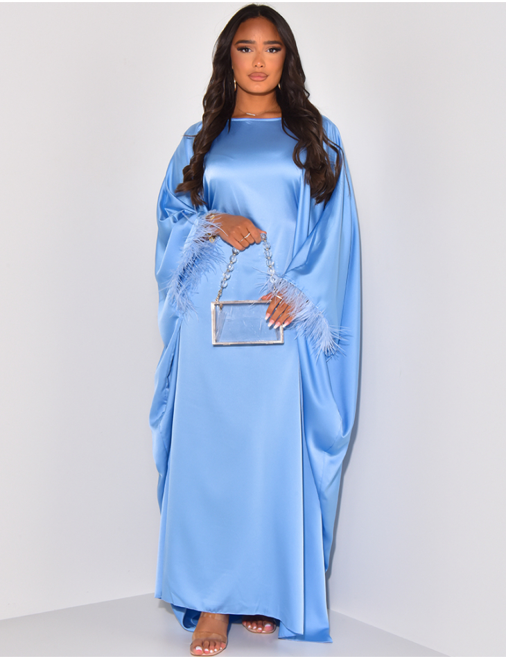 Loose-fitting satin abaya with feathers on the sleeves