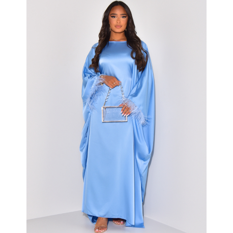 Loose-fitting satin abaya with feathers on the sleeves