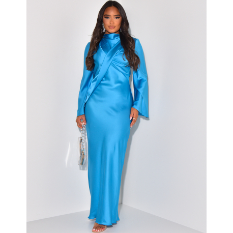 Satin maxi dress, cross-over effect on the front