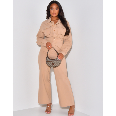 Long jumpsuit with gold buttons & cargo pockets