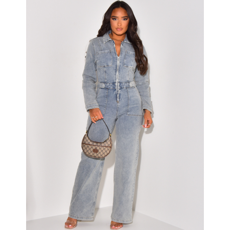 Denim jumpsuit with wide, cinched waistband