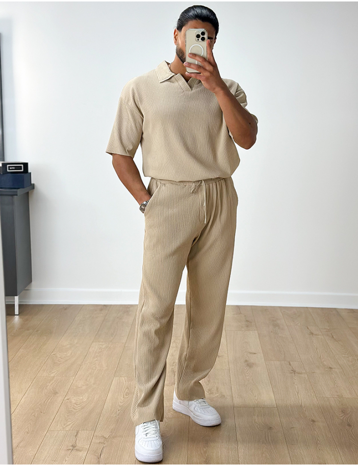 Ensemble pantalon et t-shirt col chemise côtelé