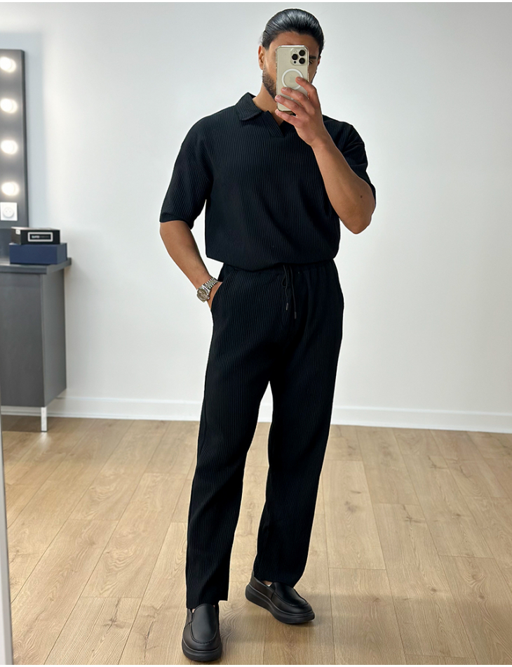 Ensemble pantalon et t-shirt col chemise côtelé