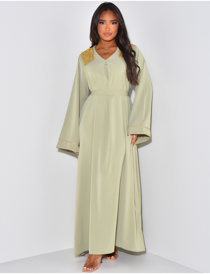 Abaya with gold beading on shoulders & belt at waist