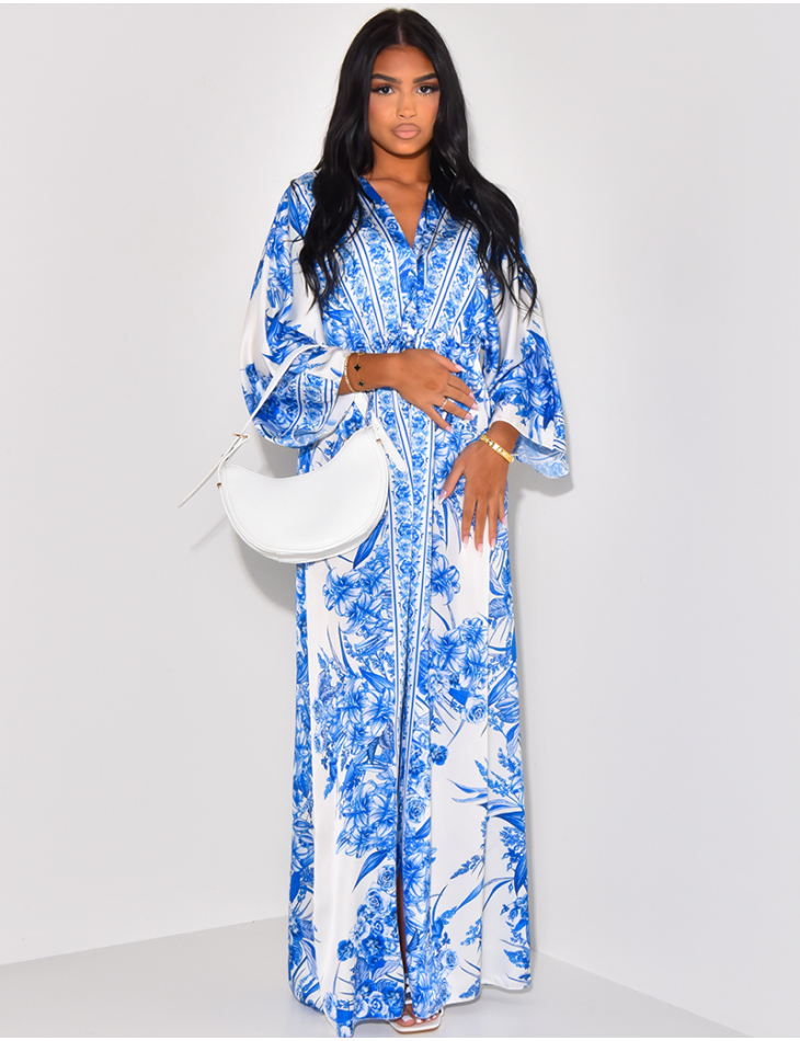 Printed satin long tie dress