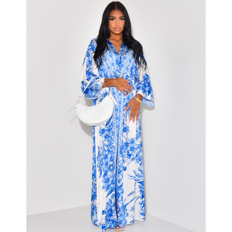 Printed satin long tie dress