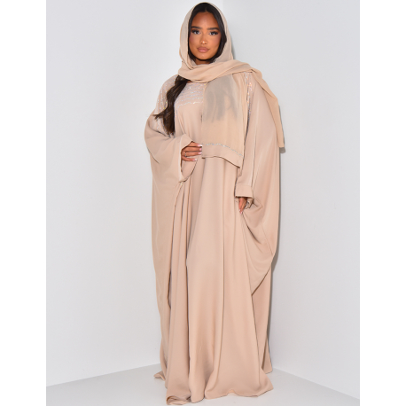 Abaya made in Dubai with rhinestones and matching scarf