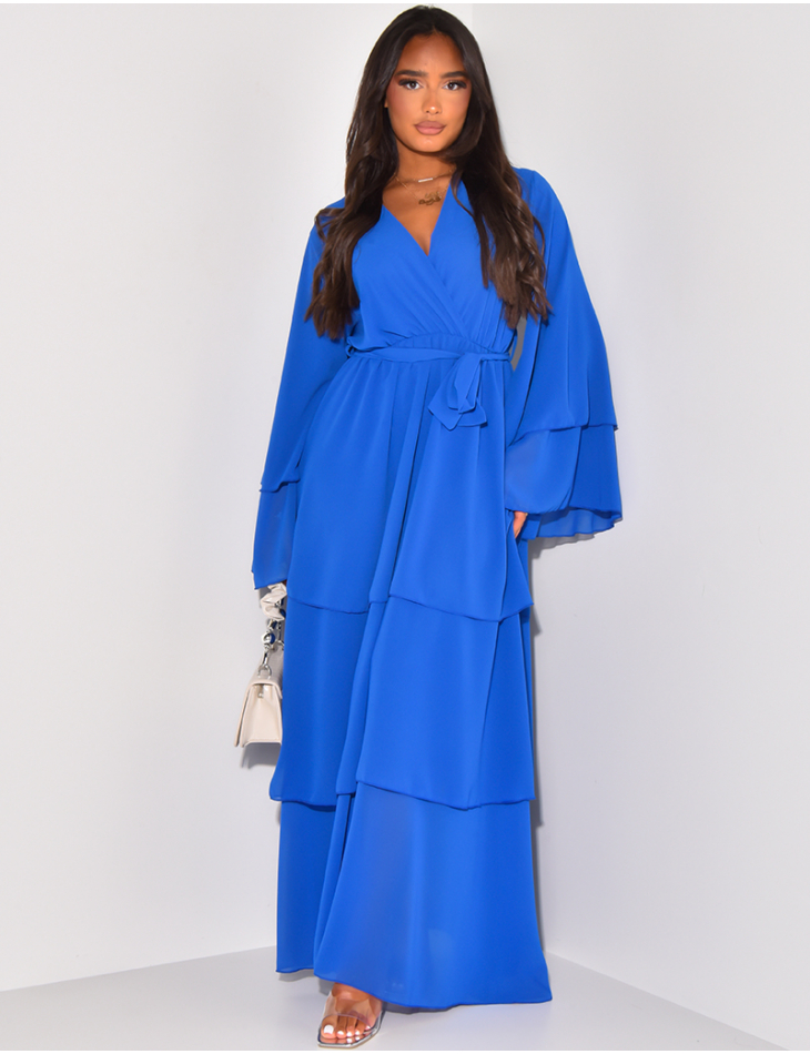 Long dress in voile with ruffles and belt at waist