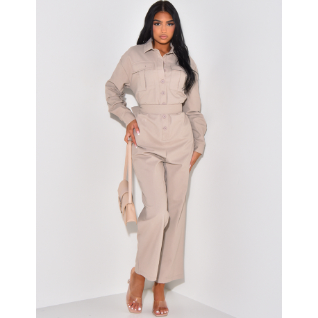 Linen jumpsuit with cargo pockets and waist belt