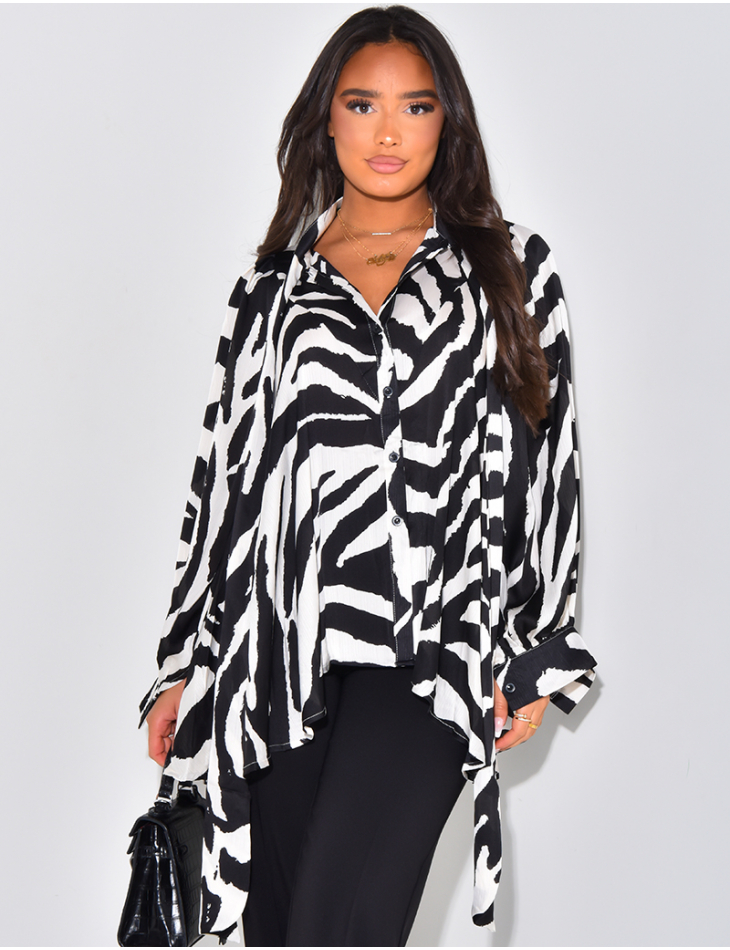 Pleated blouse with zebra print collar and tie fastening