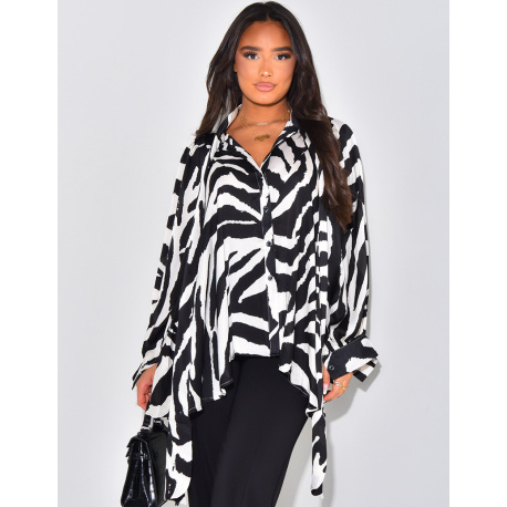 Pleated blouse with zebra print collar and tie fastening