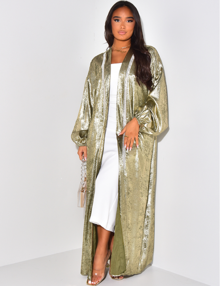 Long iridescent kimono with embroidered rhinestones