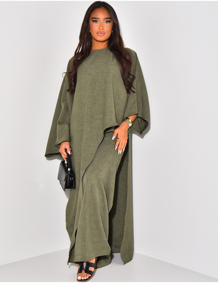 Linen-effect asymmetric tunic and trouser set