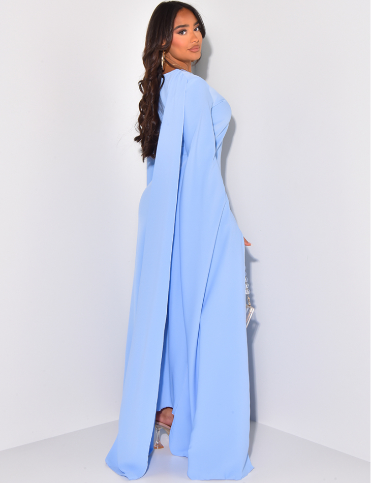 Fluid maxi dress with split sleeves and flap at collar