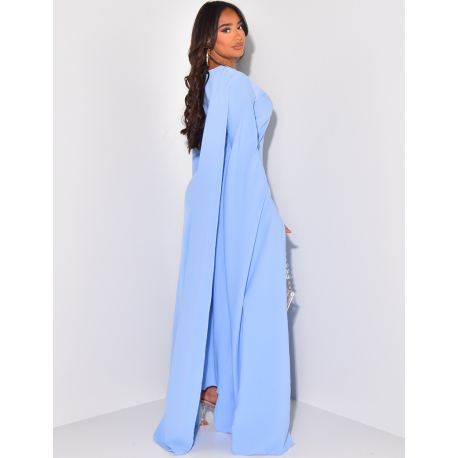 Fluid maxi dress with split sleeves and flap at collar