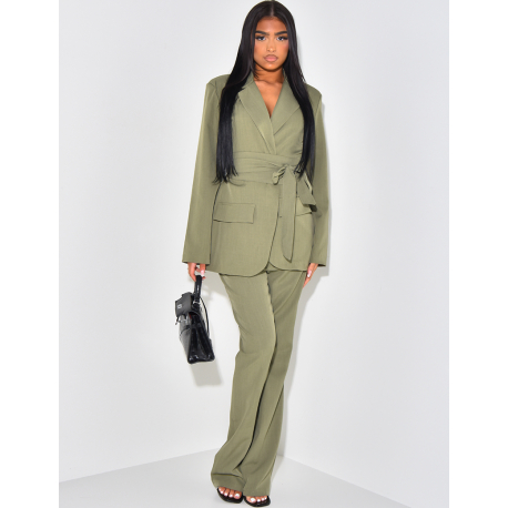 Suit with wide belt and linen-effect flared trousers