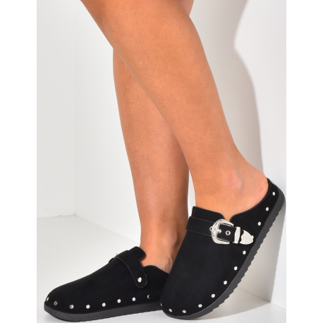 Suedette flat mules with western buckles and studs