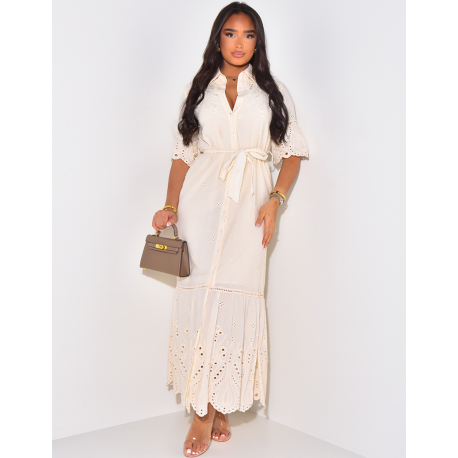 Shirt collar long dress with embroidery & belt at waist