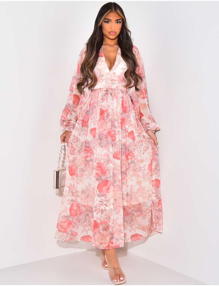 Printed voile maxi dress with puffed sleeves