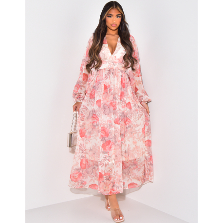 Printed voile maxi dress with puffed sleeves