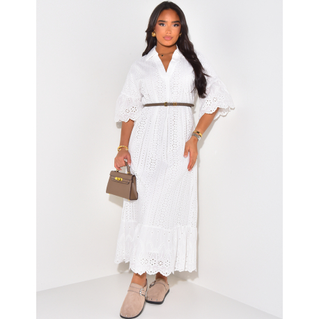 Polo neck dress with embroidery & ruffles