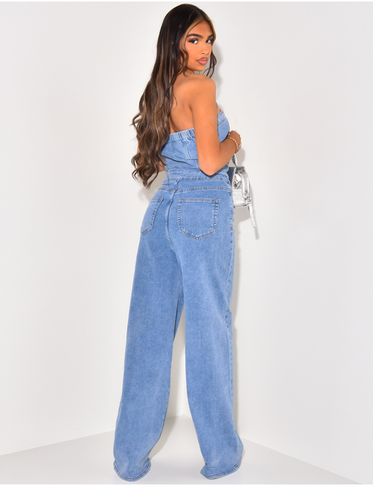 Strapless straight cut denim jumpsuit