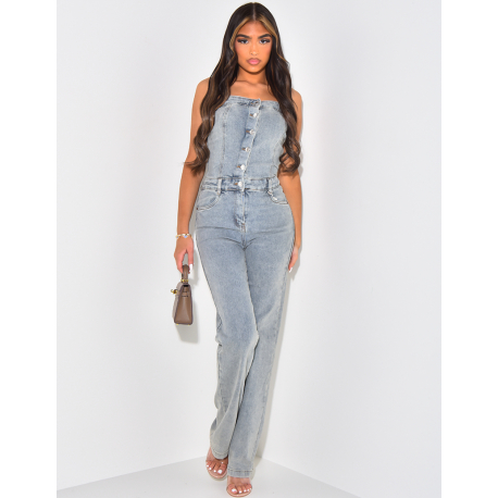 Strapless jumpsuit in vintage wash denim