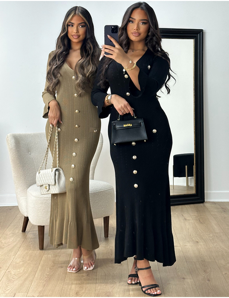 Long dress with buttons & ruffles