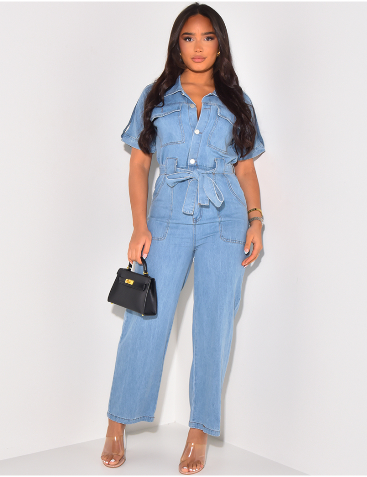 Straight-cut denim jumpsuit with short sleeves