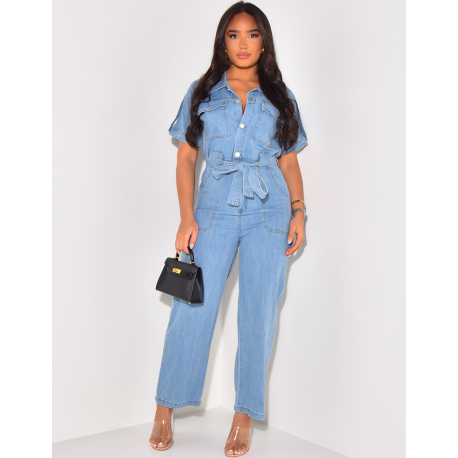 Straight-cut denim jumpsuit with short sleeves