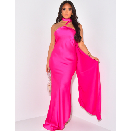 Strapless satin dress with neck scarf