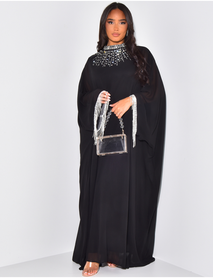 Abaya in fluid voile with rhinestones & shiny fringes