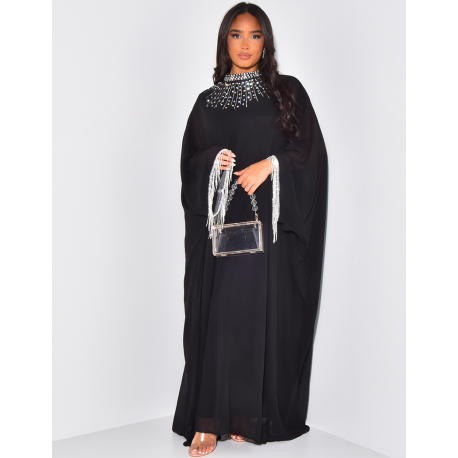 Abaya in fluid voile with rhinestones & shiny fringes