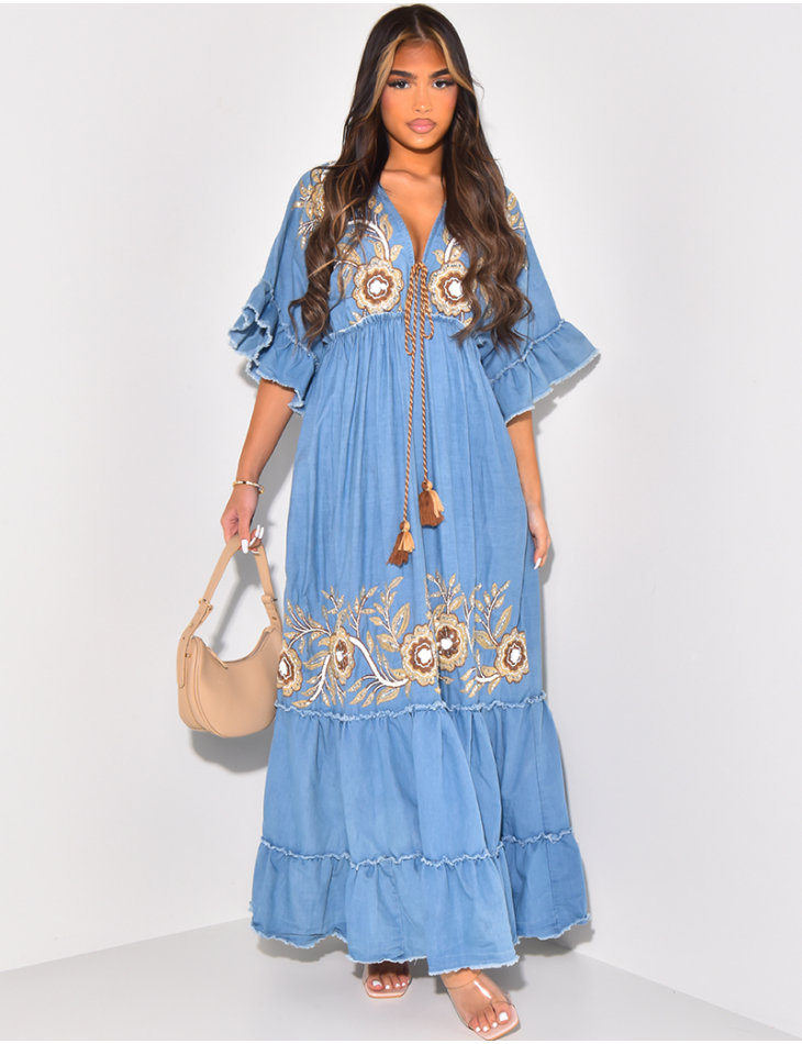 Bohemian denim dress with embroidery and sequins