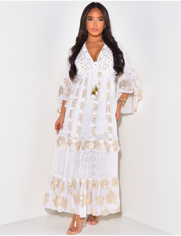 Bohemian long dress with embroidery and gilding