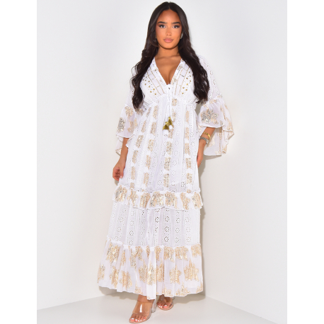 Bohemian long dress with embroidery and gilding