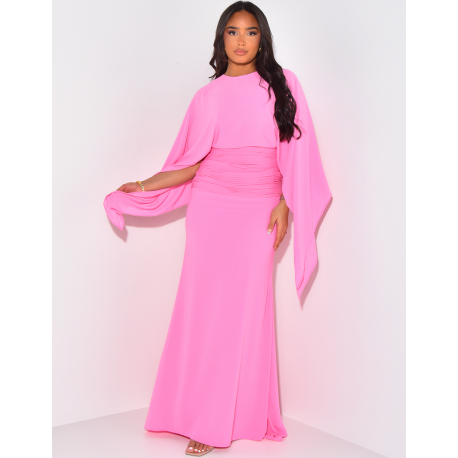 Gathered-effect voile maxi dress with cape over the shoulders