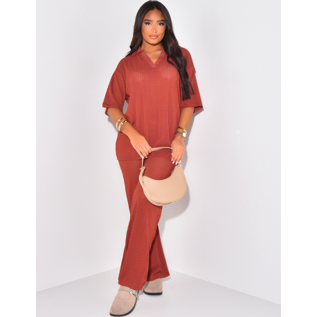 Loose-fitting openwork trousers and polo set