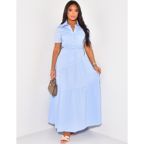 Long flared shirt dress with asymmetric seams