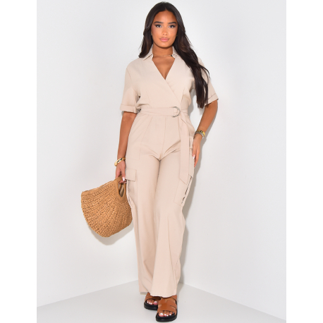 Long jumpsuit with cargo pockets & belt