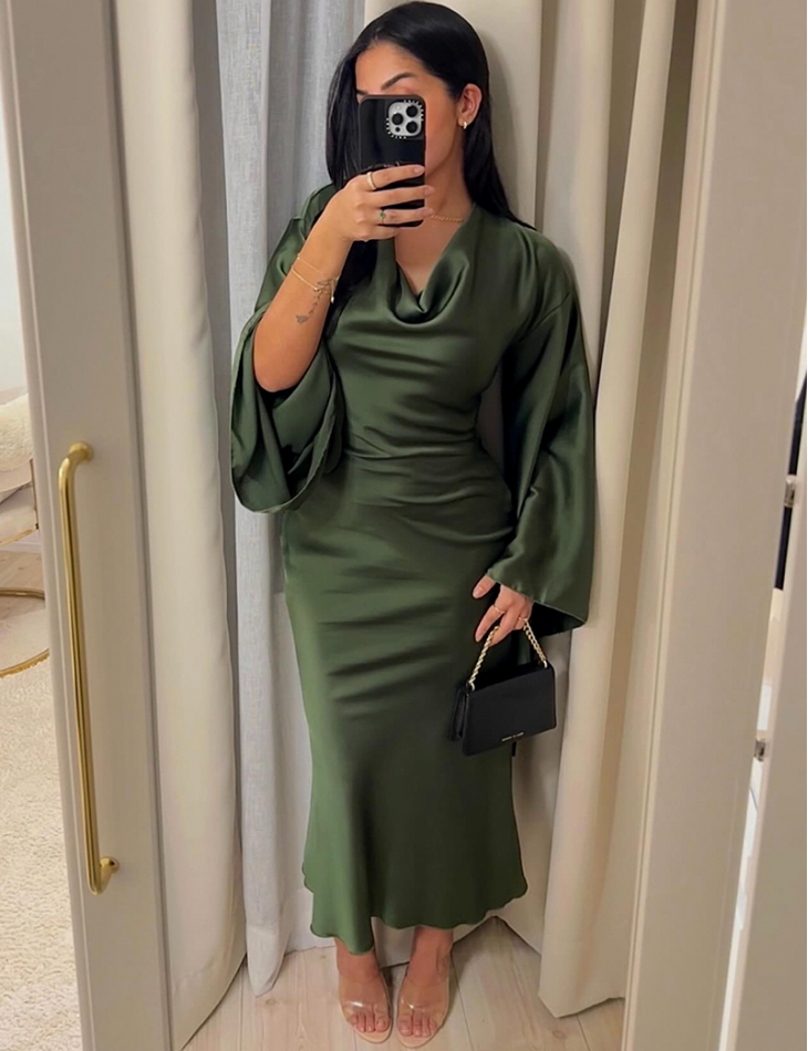 Robe longue en satin à col drapé & manches évasées * se porte dans les 2 sens